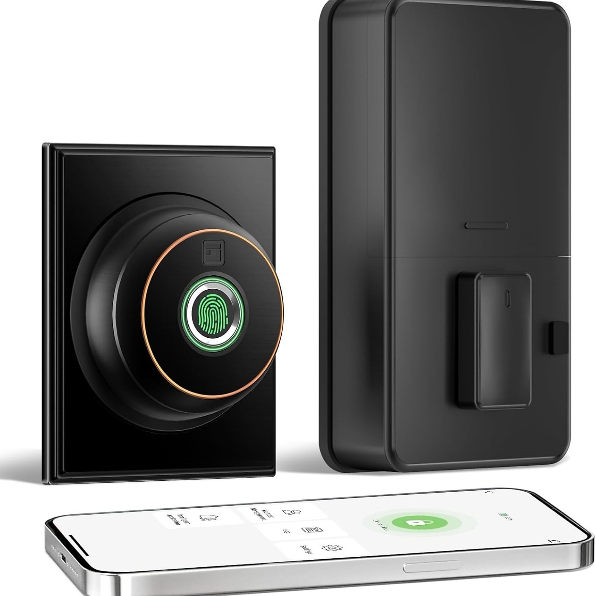 3 in 1 Aluminum Smart Lock Deadbolt with App Biometric Door Knob, Keyless Entry Door Lock, in Black